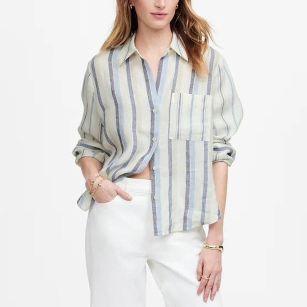 NWT Madewell Linen Easy Y-Neck Button-Up Shirt In Mixed Stripe Blue Size Small